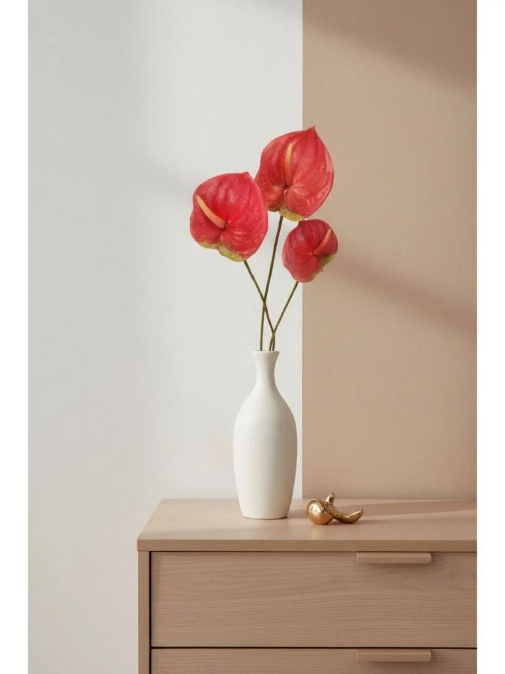 Pink Artificial Anthurium Stems Set of 3, 23 Inch Faux Modern Tropical Decor